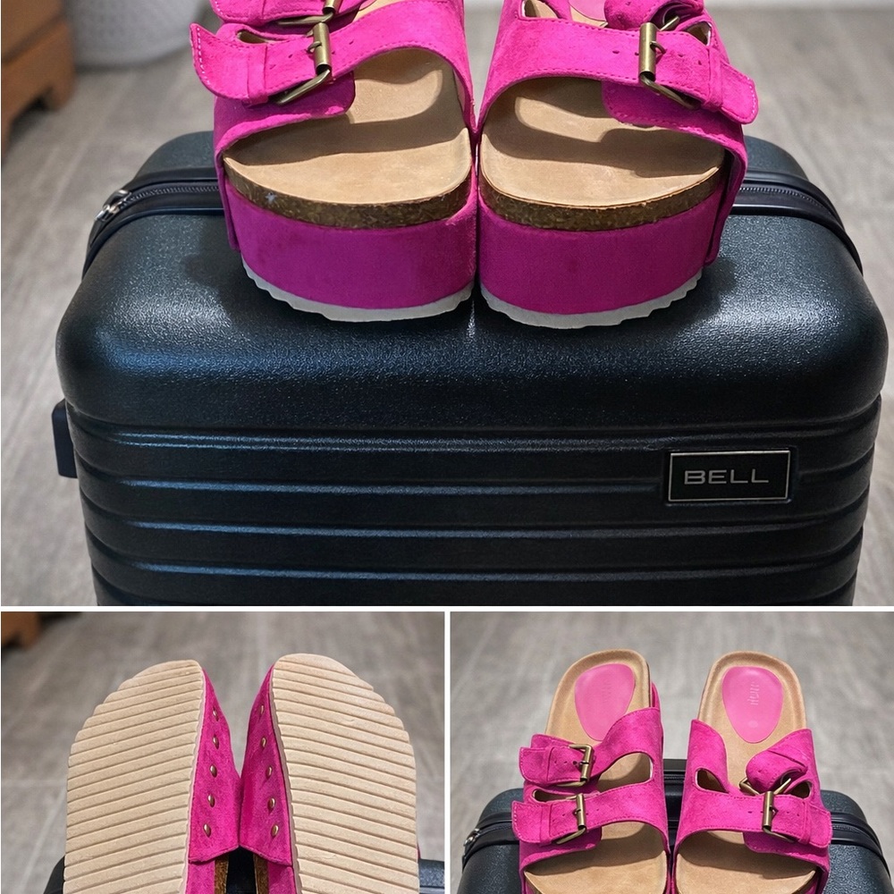 Platform Slide Sandals in Hot Pink with Double Buckles